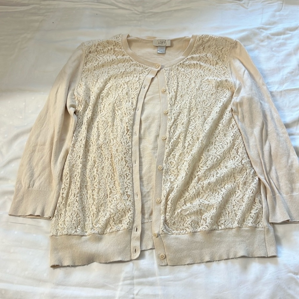 Loft lace front beige cardigan